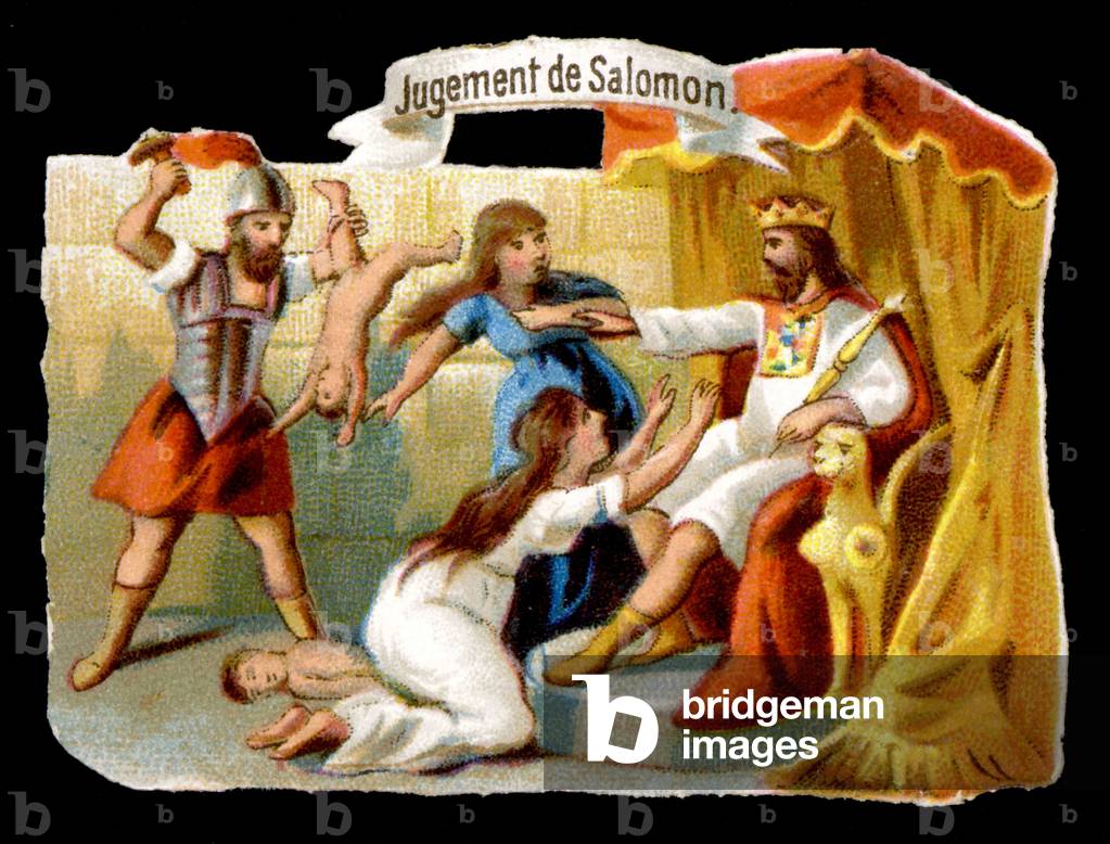 Solomon's judgment with the mother sacrificing herself to save her child. Chromolithography of the 19th century.