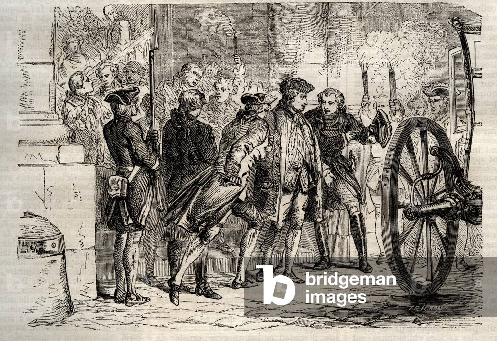 The attack of Damiens (January 1757) - (Robert-Francois Damier, 1715-1757) - Pierre Robert Francois Damiens, a manservant, attacks Louis XV at Versailles. The king is only slightly injured, but Damiens is executed with hideous severity. 5 January 1757 - engraving in “” Dictionnaire populaire illustrious”” - 1864 - by Joseph Decembre et Edmond Allonier -