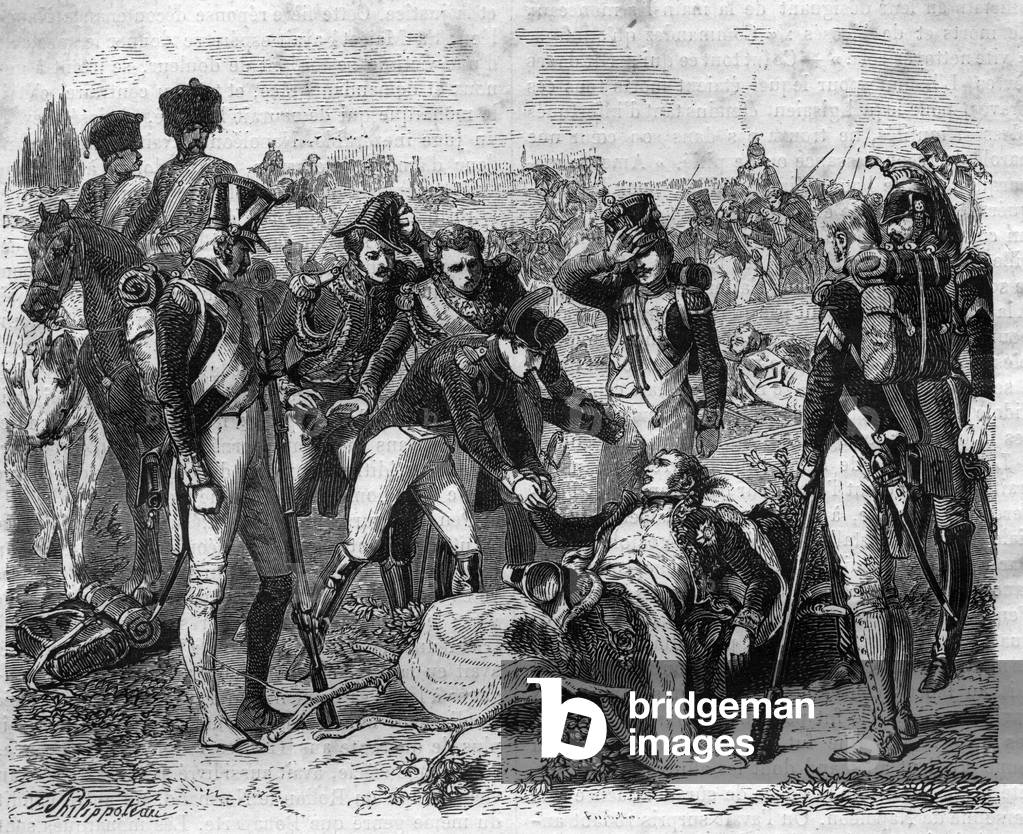 Death of marechal Jean Lannes (1769-1809), marechal of Empire in Essling. Engraving in “Histoire des Papes-Rois-Queen and Empereurs a travers les centuries”” by Maurice Lachatre, 1863.