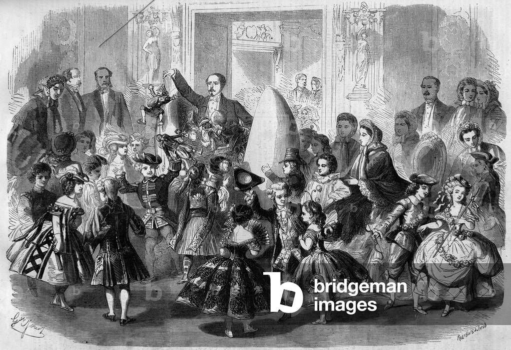 Children's Ball gives in honor of Eugene Louis Napoleon (1856 - 1879), son of Napoleon III. Paris, 3 April 1861. Prince Imperial (in the centre) is disappointed as Pierrot. Engraving in “” Le Monde Illustré”” n°210 of 20 April 1861.