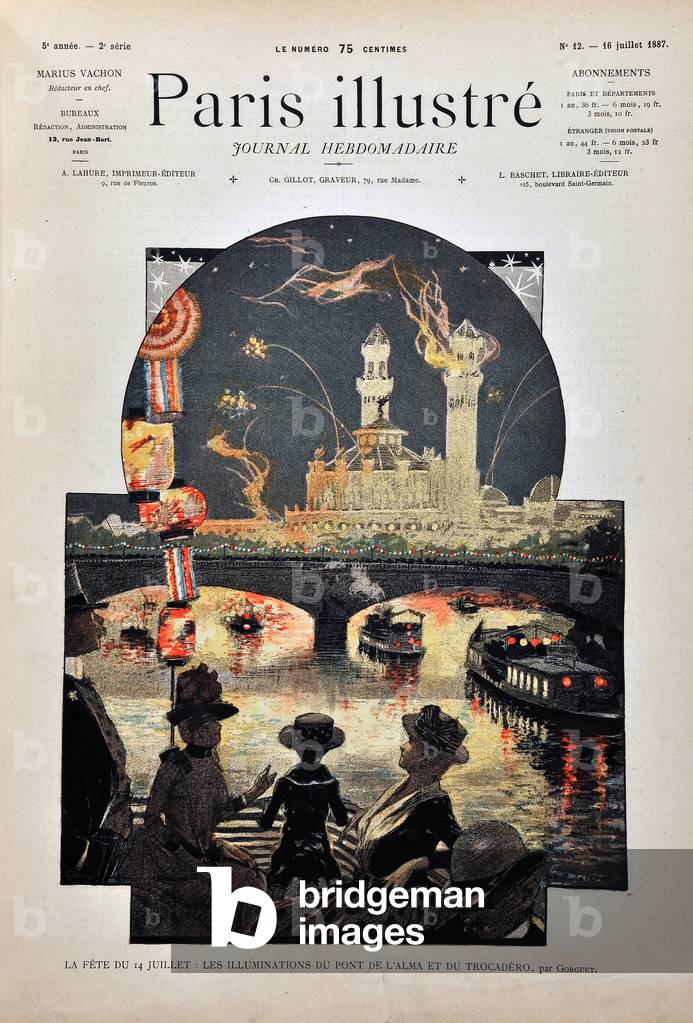 The feast of July 14, 1887: the illuminations of the Alma Bridge and the Trocadero Bridge in Paris (engraving)