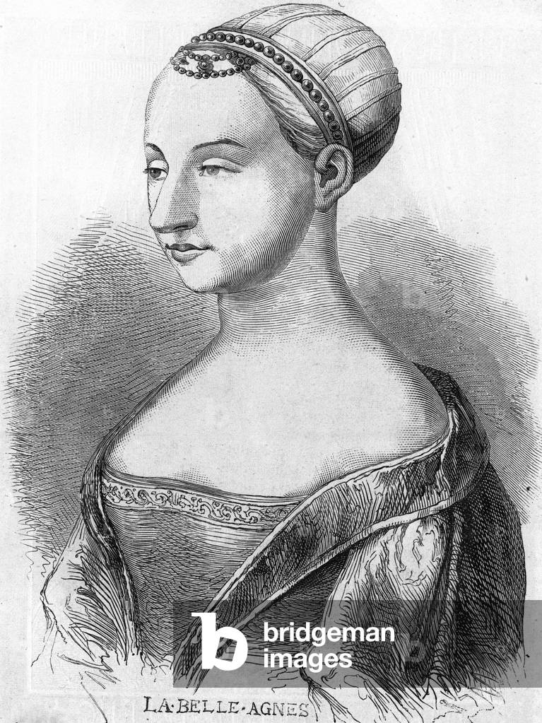 "Agnese Sorel (1422-1450) preferita da Carlo VII. Incisione del XIX secolo." 1801 di Unknown Artist, b/w