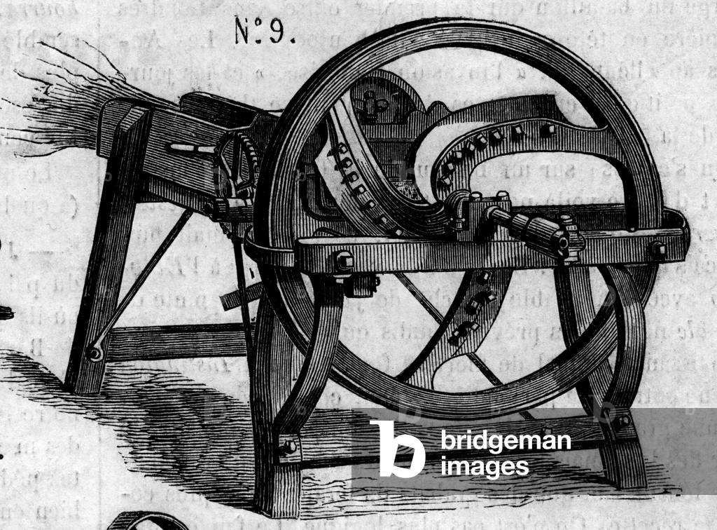 Agricultural machine: an English straw axe presented at the Paris agricultural competition in 1860 (engraving).