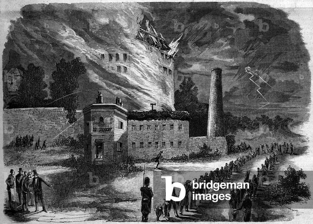 Fire of La Motte Seguin factory in Orleans, Loiret (45), 1858. Engraving in “” Le Monde Illustré”” n°68 of 31 July 1858.