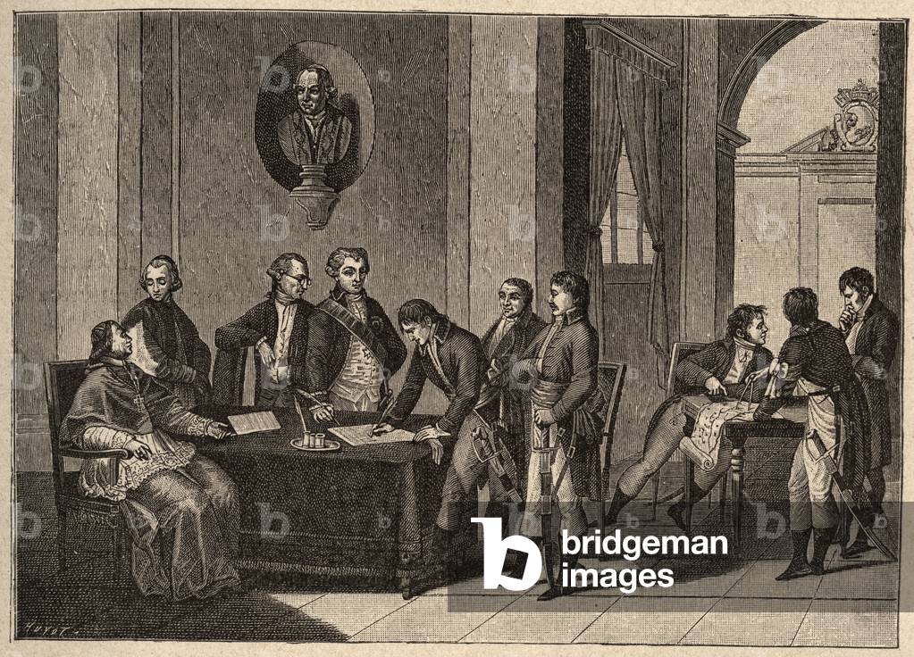 The Tolentino Treaty or Tolentino Peace is a peace treaty signed on 19 February 1797 in Tolentino, Italy, between France and the Pontifical States. (Between General Bonaparte and Pope Pius (Pio or Pius) VI (1717-1799). The Pope renounces himself to Avignon and Comtat Venaissin.