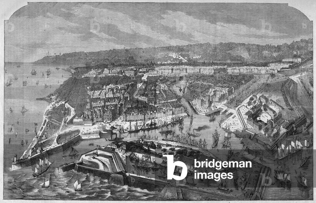 Aerienne view of the port and the city of Le Havre, Seine-Maritime (Seine Maritime), Normandy, France. Engraving in “” L'univers illustrious””, 1867. Private Collection
