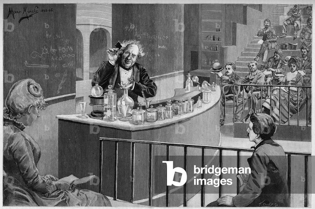 Michel Eugene (Michel-Eugene) Chevreul (1786-1889) gave his chemistry court in the amphiteatrician of the Museum of Natural History in Paris, In “” the Illustrous World”” 1886.