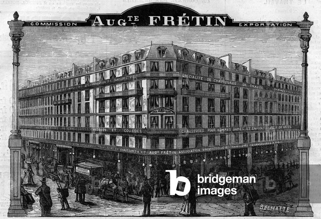 Large Chausage Manufacture “” Auguste Fretin””, Paris VIth Arrondissement 64, rue de Rennes. Engraving from 1883
