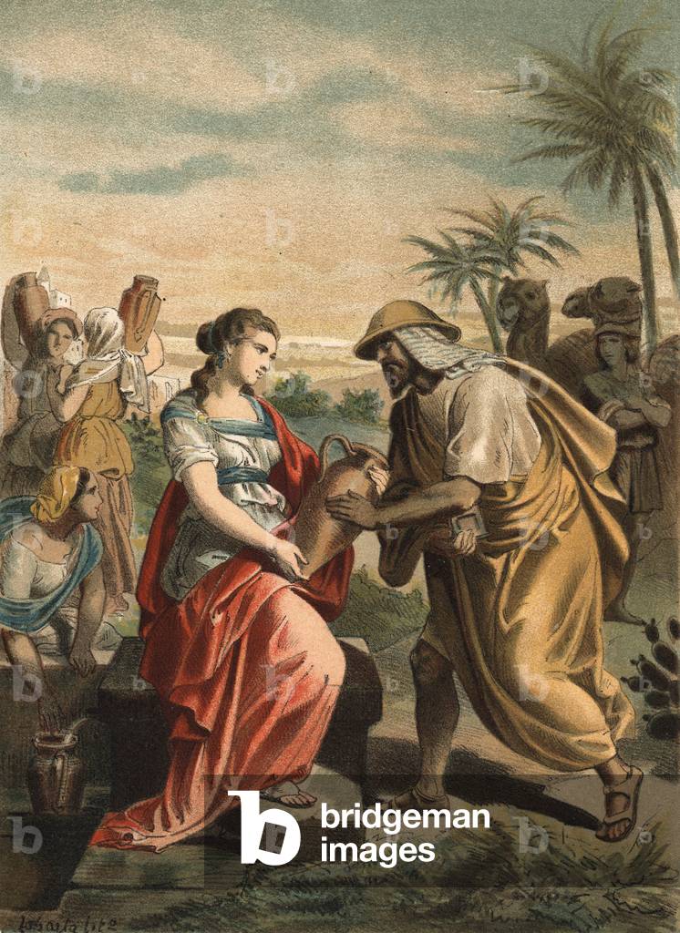 Eliezer, Abraham's servant, has just found Rebecca's future wife of Isaac. Engraving of 1881.in “” El Culto de la Hermosura”” by Juan Justo Huguet, Molinas Hermanos editores, 1880 (volume 1) & 1881 (volume 2).