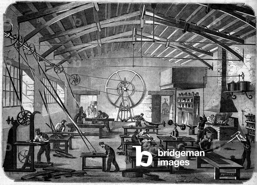 Manufacture of sheet blinds in the workshops of Hippolyte Chameroy, 1861. Engraving in “” Le Monde Illustré”” n°203 of March 2, 1861.