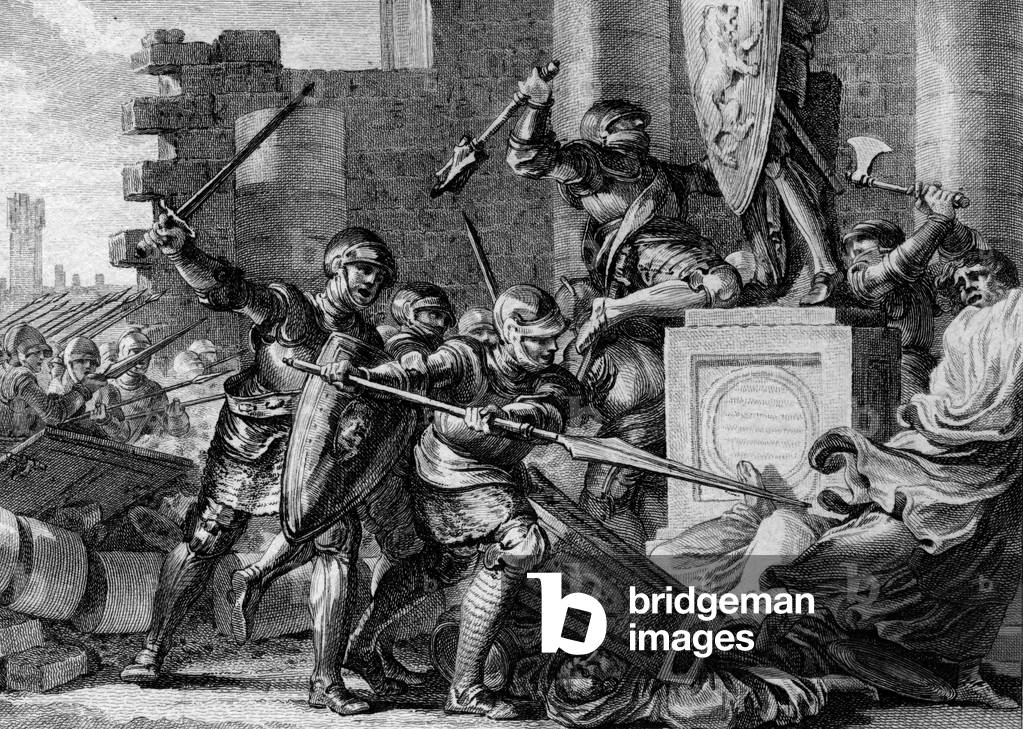 Image of Engraving depicting War against the Saxons 1701 by Jean Michel the Younger Moreau, b/w