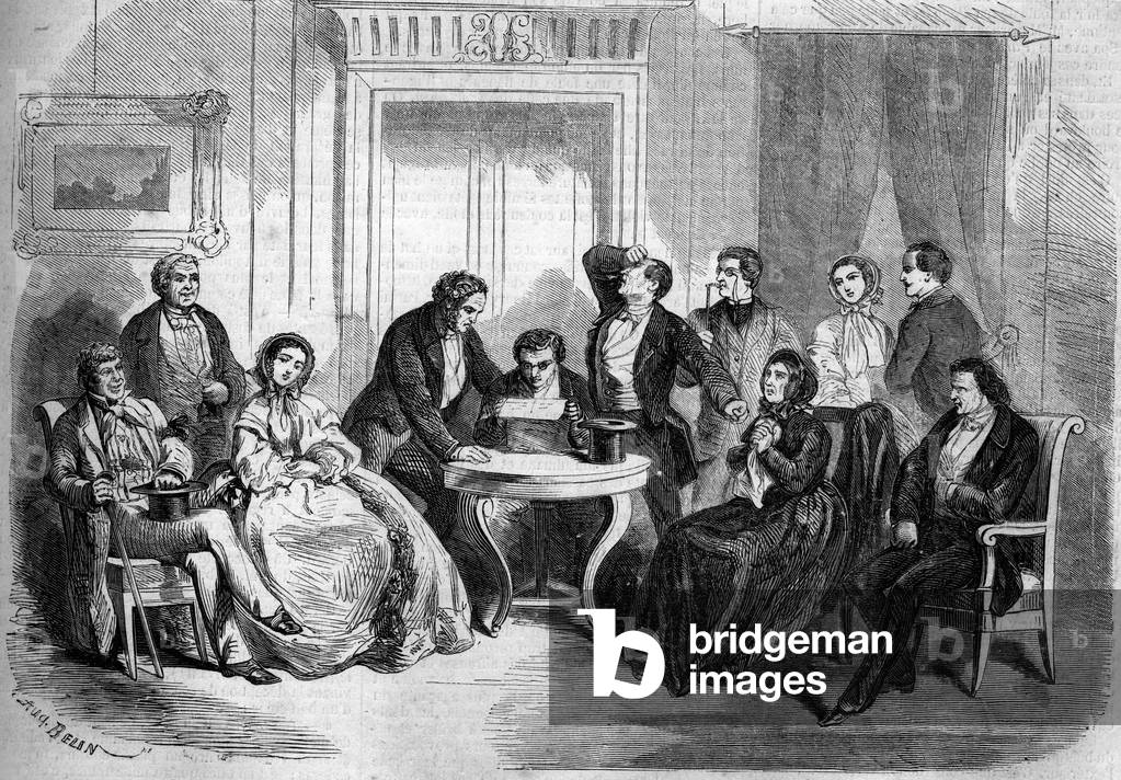 Theatrical representation of the “” Testament of Cesar Girodot”” (scene of the reading of the will, Act I) by Adolphe Belot (1829-1890) and Edmond Villetard. Paris, Theatre Imperial de l'Odeon, 1859. Engraving in “” Le Monde Illustré”” n°131 of 15 October 1859.