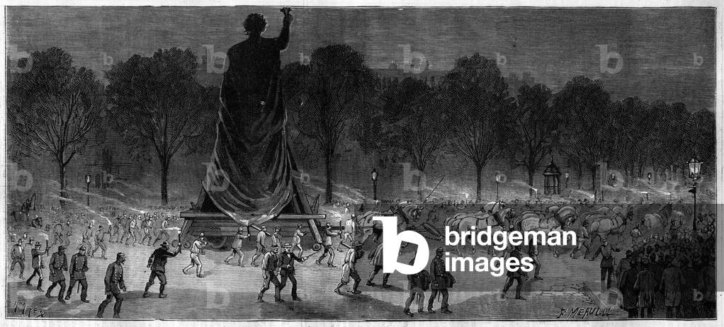 Translation of the statue of the Republique (Marianne in bronze, 9.50 m high), from the workshops of Mr. Thiebaut at the Place de la Republique in Paris in 1883