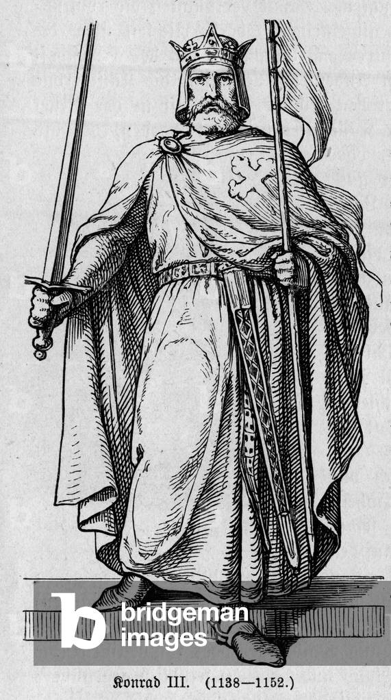 Portrait of Conrad III by Hohenstaufen (1093-1152), German Roman Emperor. Engraving in “” Kaiser, Konig und Papft”” by Richard Roth, 1895.
