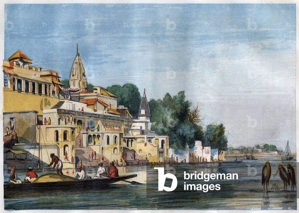 View of the Sutti Chowra Ghat on the Ganges, in Cawnpore (Kanpur), India in 1857.