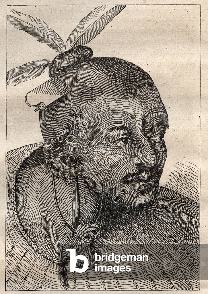 First voyage (1768-1771) of Captain James Cook (1728-1779): tattooed head of a Neo-Zelandais (Neo Zelandais) - illustration taken from “The Great Mariners of the 18th century””, 1879 - 1 of the 3 volumes of the “Histoire generale des grands voyages et des grands voyageurs” by Jules Verne