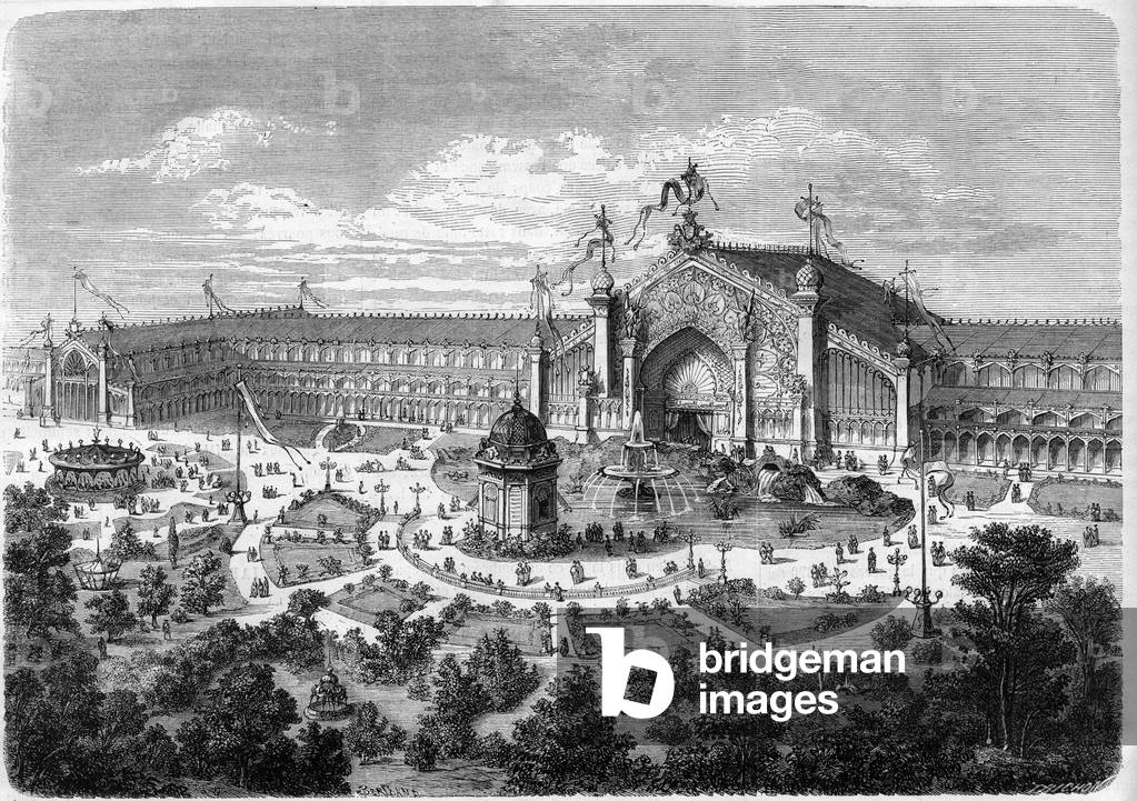 Exposition Universelle de Lyon: the galleries seen from the park. Engraving in “” L'Univers illustrious””, 1872. Private collection.