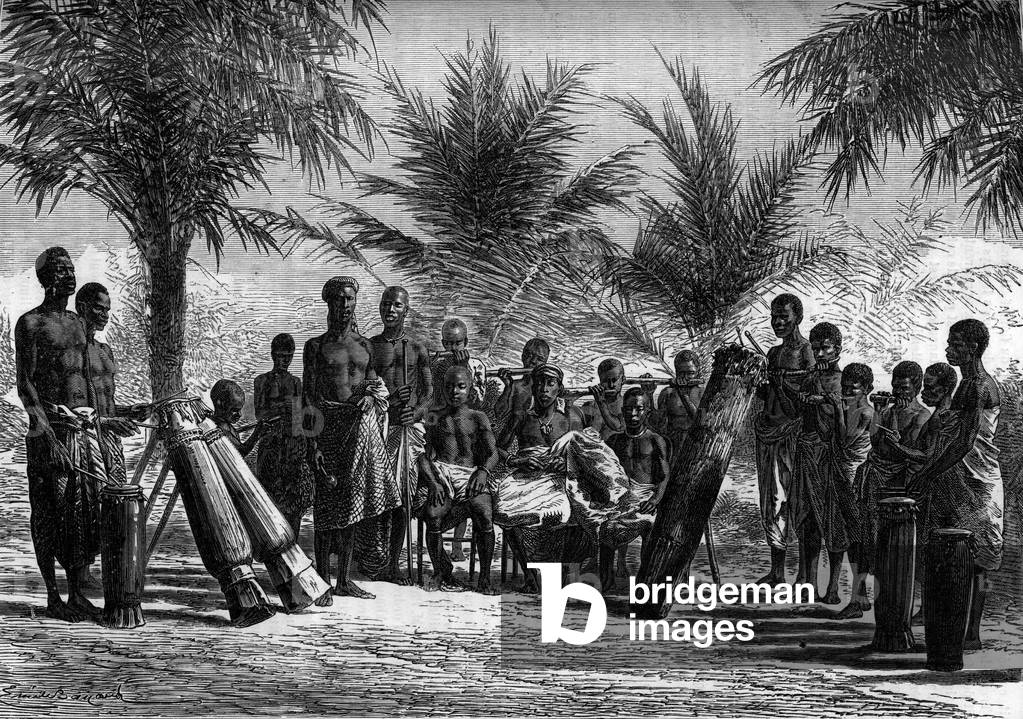 The king of Grand Bassam surrounds with his court. Côte d'Ivoire (Ivory Coast). Engraving in “” Le Journal de la jeunesse””, 1889.