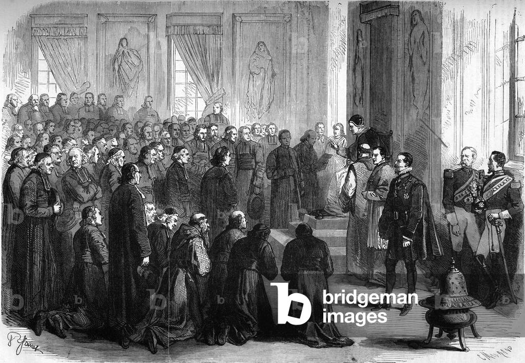 Vatican Council I (1869-1870): Pope Pius IX (1792-1878) received in general audience the French ecclesiastics who followed the eveques, 1870. Engraving in “” Le Monde Illustré”” n°666 of 15 January 1870.