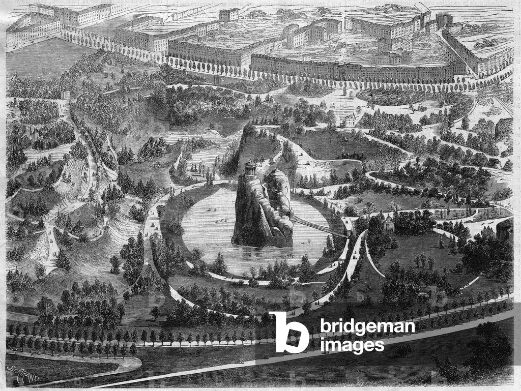 The Parc des Buttes Chaumont (Buttes-Chaumont), a public garden in the 19th arrondissement of Paris built under the initiative of Napoleon III, created by Baron Haussmann (Georges Eugene Haussmann, 1809-1891) and designed by Jean Charles Alphand (1817-1891). Engraving in “The Illustrious Universe”, 1864. Private collection.