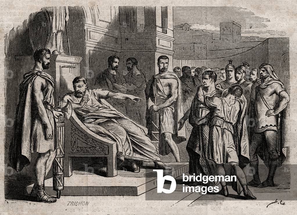 Brutus condemning his son to death - Brutus (Marcus Junius Brutus, 85-42 BC) condemning his sons to death - engraving in “” Dictionnaire populaire illustrious” - 1864 - by Joseph Decembre and Edmond Allonier -
