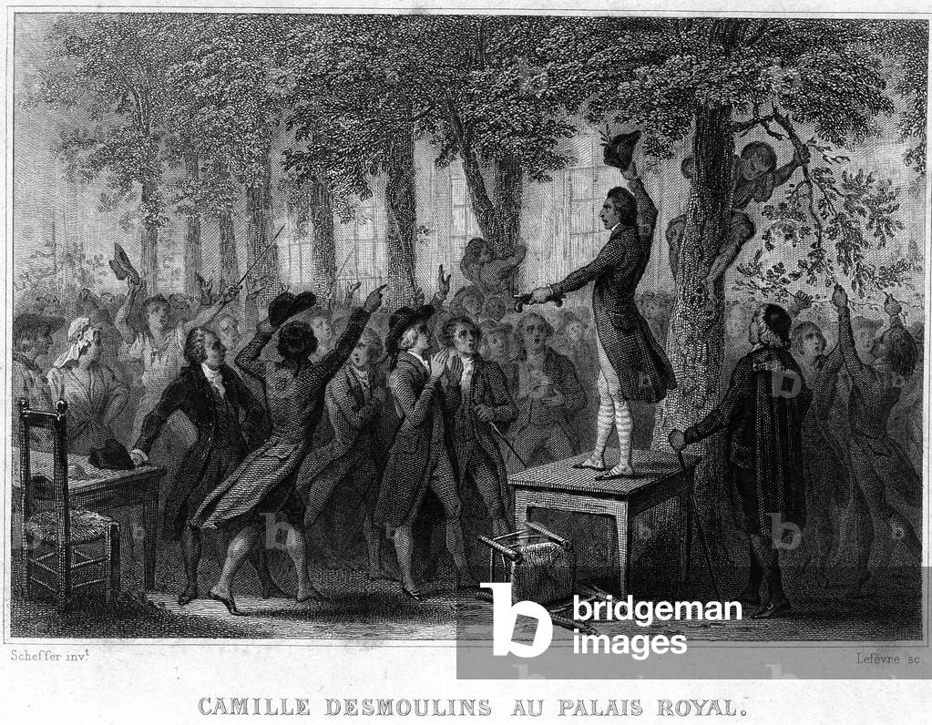 Camille Desmoulins au Palais Royal - in “” Revolution francaise”” by Thiers. 19th century - French Revolution/Camille Desmoulins calls for a storm on the Bastille, Paris, 12 July 1789.