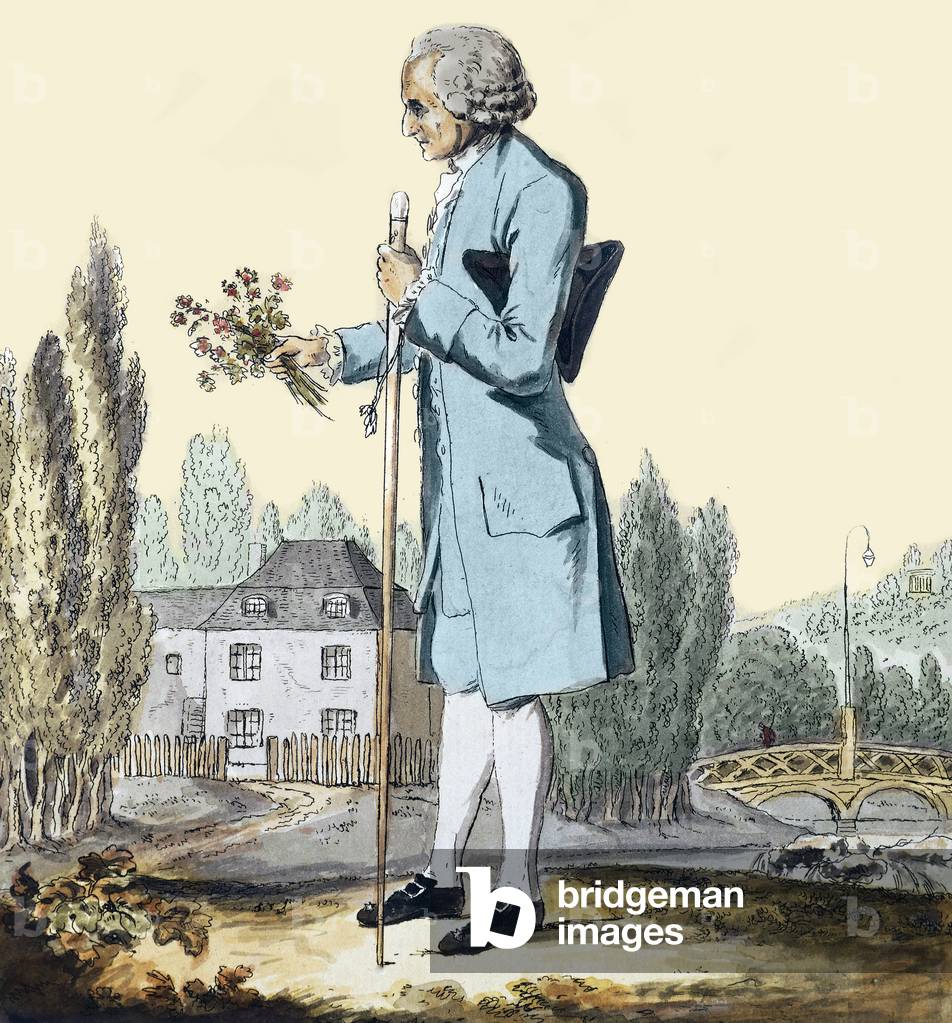 Jean-Jacques Rousseau (1712-78) Gathering Herbs at Ermenonville, June 1778 - Representation of the philosopher Jean Jacques Rousseau (1712-1778) picking flowers in Ermenonville.