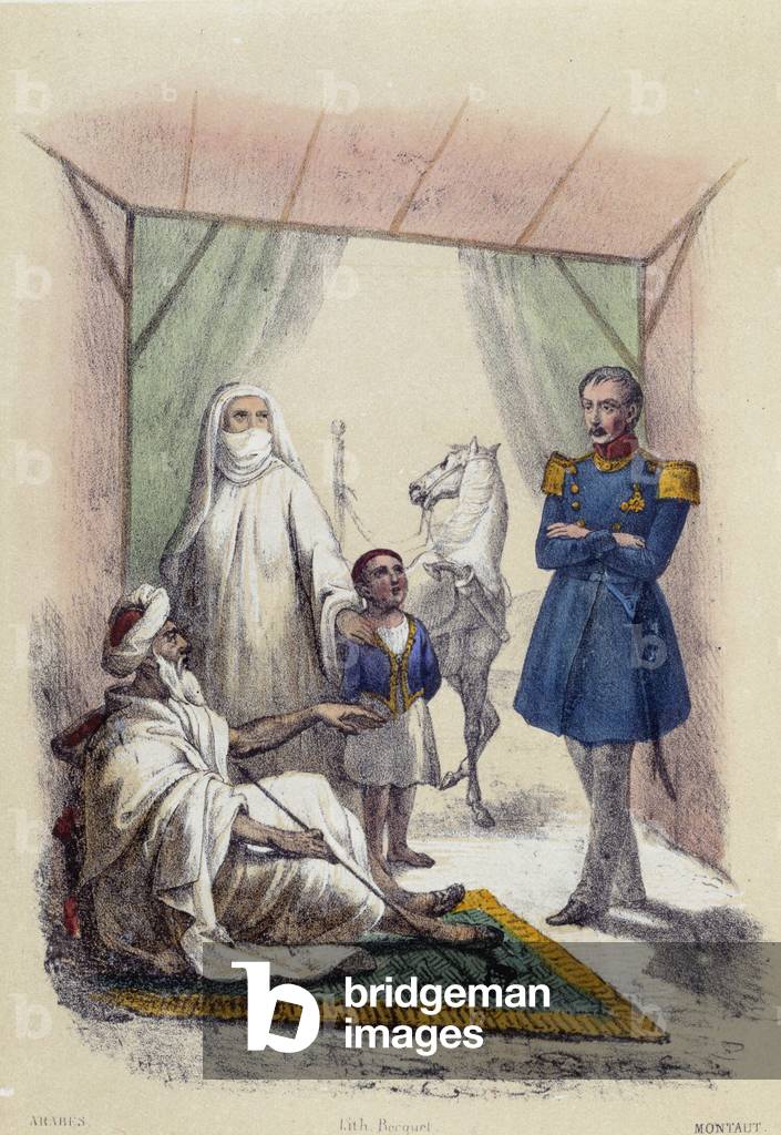 An Arab family being visited by a soldier; illustration for Arab countries, -in “The twelve Nations”” by M.E Fouinet, 1861.