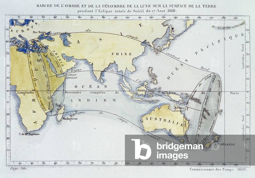 Map, published by the Bureau of Longitudes, showing the march of the shadow and darkness of the Moon on the Earth's surface during the eclipse of 1868