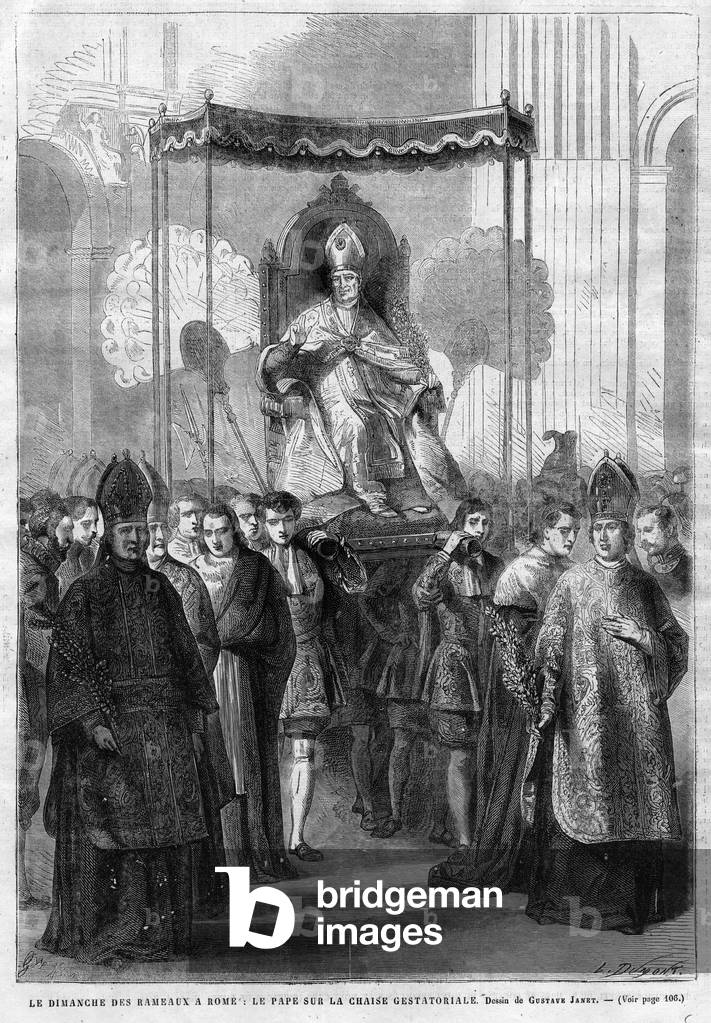 Pope Pius IX (1835-1914) on the sedia gestatoria - Palm Sunday in Rome: Pope Pius IX (Pius Pio 9) on the gestatorial chair - drawing by Gustave Janet - The Illustrative Diary of 1868