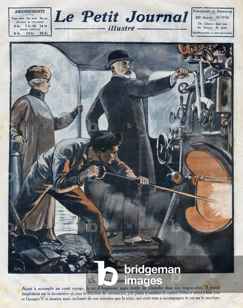 A mechanic improvised: King George V accompanied by Queen Mary climbs into the locomotive to complete a short voyage, 1924 (print)
