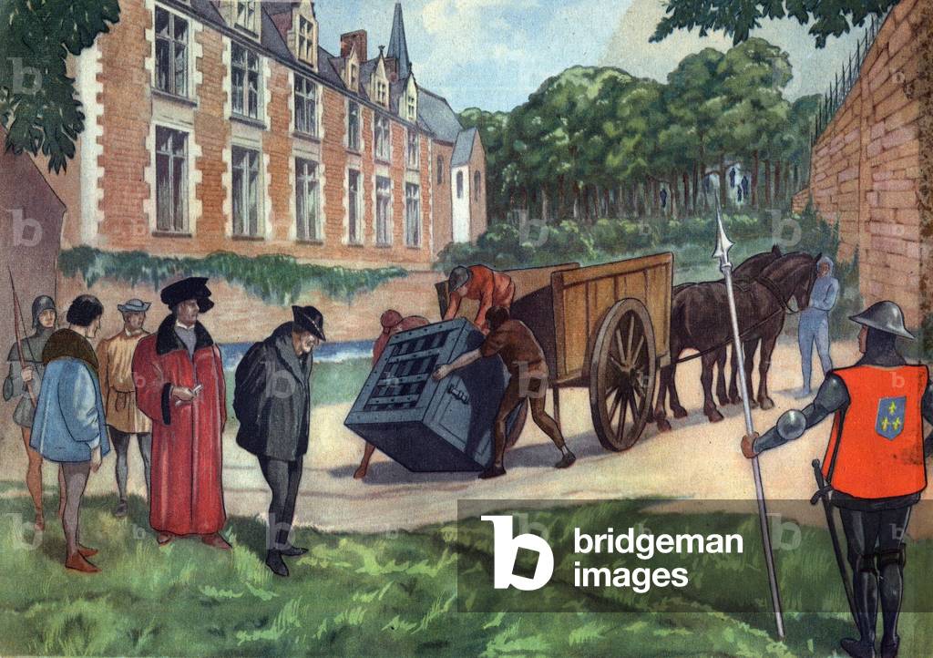 King Louis XI (1423-1483) installing the iron cages that served as prison in his castle of Plessis-les-Tours, c.1950 (print)