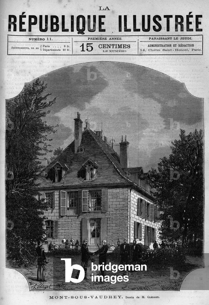 View of the house of President Jules Grevy (1807-1891) in Mont sous Vaudrey (Mont-sous-Vaudrey) in Franche Comte. A newspaper. Engraving from 1880 in “La republique illustree”” private collection.