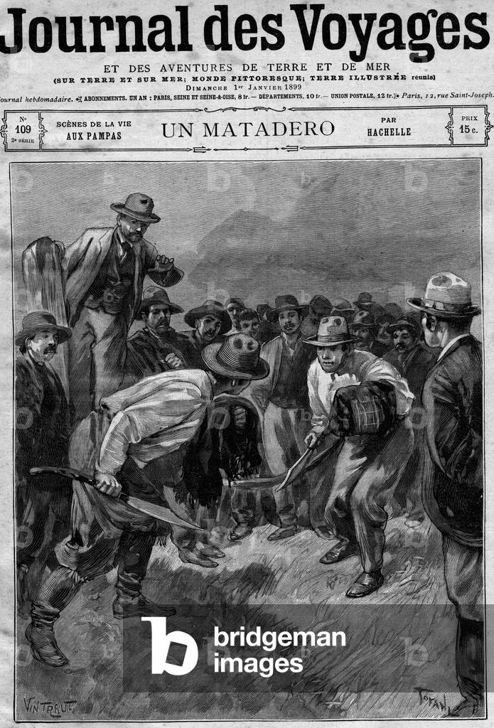 Scene of life at the pampas: duel between two gauchos, late 19th century. Engraving in “” Journal des Voyages”” of January 1, 1899.