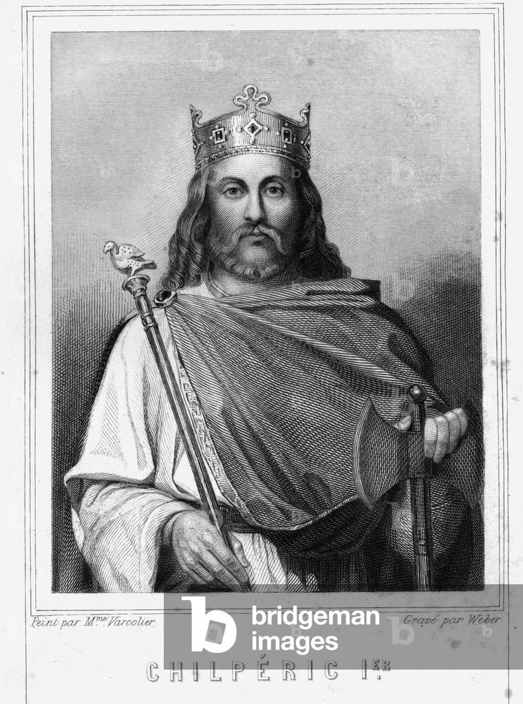 Portrait of Chilperic I (539 - 584), King of Neustria - in “Histoire des Français”” by Lavallée, engraving, sd., 19th century.