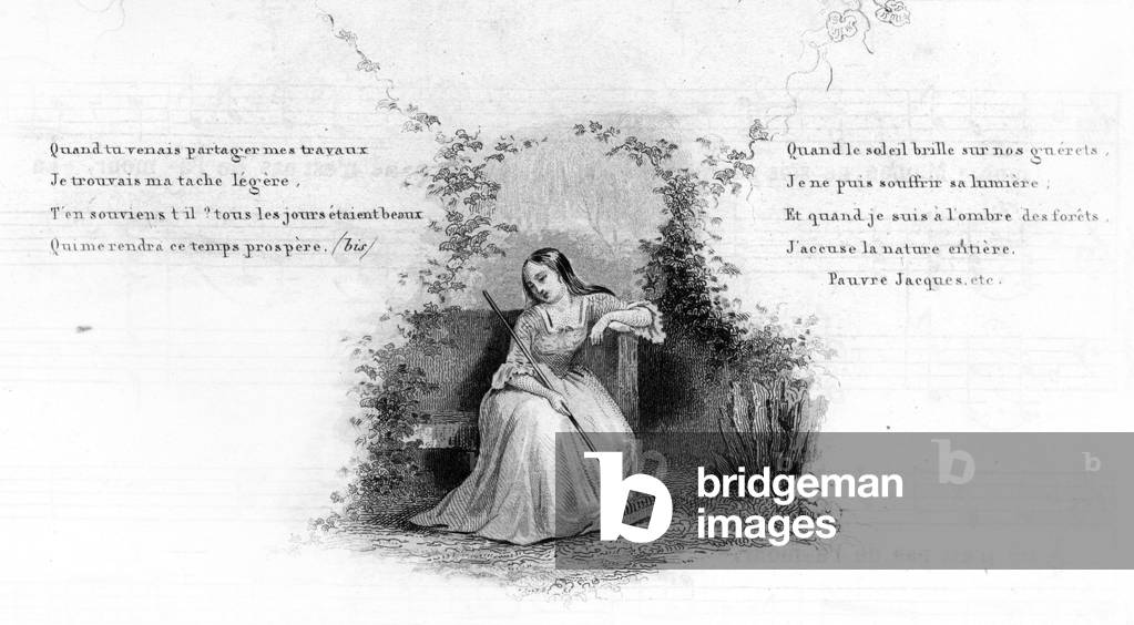 Poor Jacques. Girl alone sitting on a bench, holding a rake. Engraving in “” Chants et chansons populaire de la France””, Tome 2, 1848. Private Collection