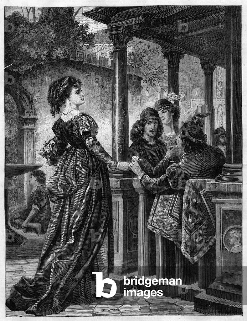Flower merchant in the streets of Florence in the Middle Ages. Engraving in “” The Illustrious Universe””, 1873.