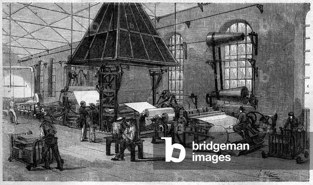 Printing of a Journal: Placing Paper Pulp, 1861. Engraving in “” Le Monde Illustré”” n°200 of 9 February 1861.
