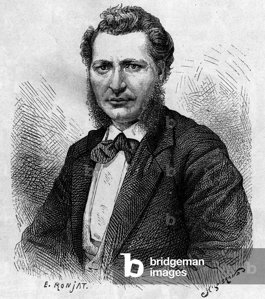 Portrait of Louis Riel (1844-1885), Canadian politician and defender of the Metis people. Engraving in “Le journal de la jeunesse””, 1885.