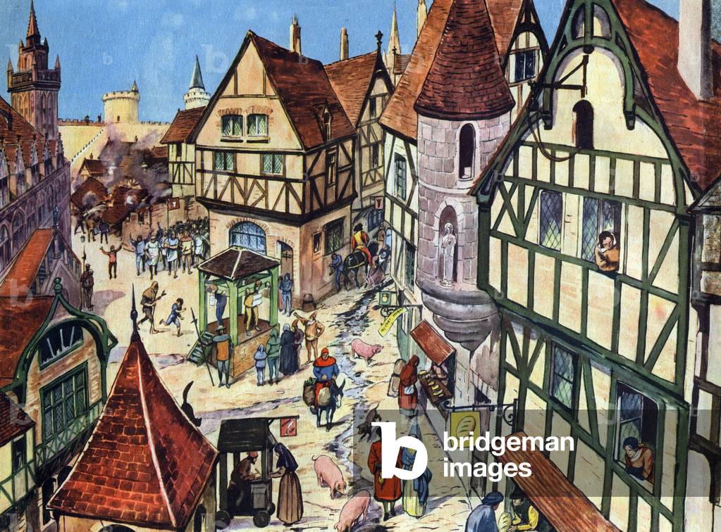 A town in France in the Middle Ages with half-timbered houses.