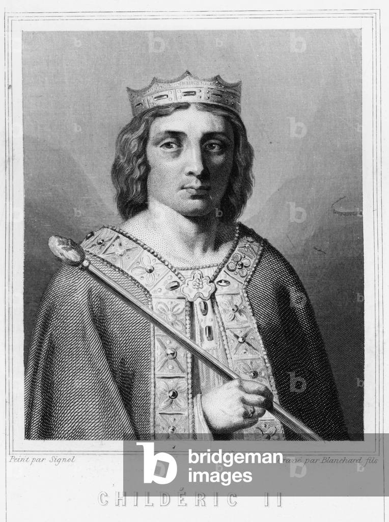 Portrait of Childéric II (v. 653 - 675), King of Austrasia - in “Histoire des Français”” by Lavallée, engraving, sd., 19th century.