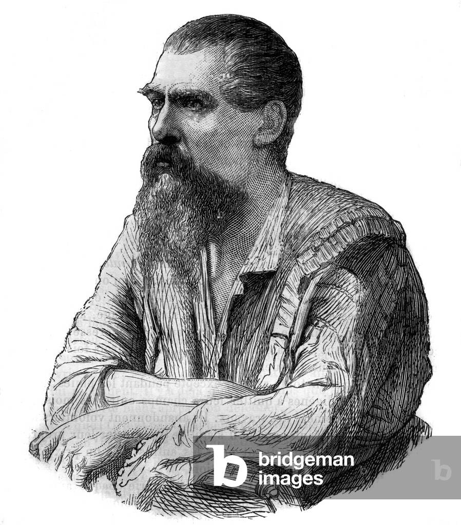 Captain Richard Burton, British explorer, writer, soldier and diplomat - Portrait of the British explorer, writer and linguist Sir Richard Francis Burton (1821-1890) - Engraving in “” Picturesque History of Great Voyages in the Nineteenth Century””. 1877