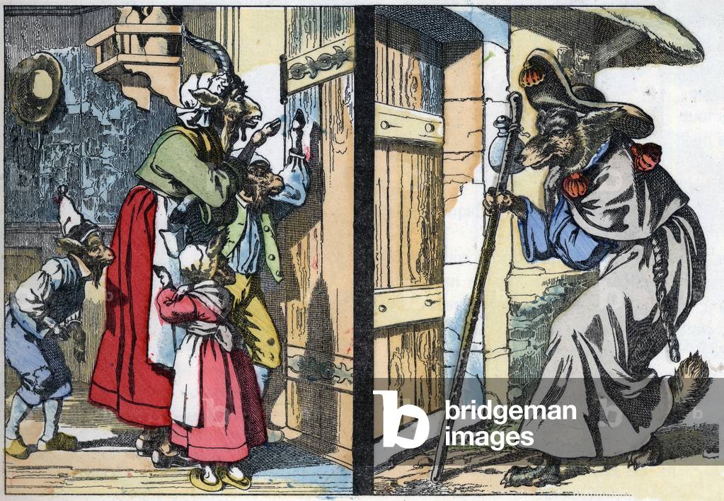 The disguise wolf knocks on the door of the house with the goat and the biquets. Illustration of the tale “Compere le Loup, Maitre Renard, Comere la Chevre et ses petits biquets”” after a fable by Jean de la Fontaine. In “” Tales from the home for the little ones””. Anonymous engraving of the 19th century.