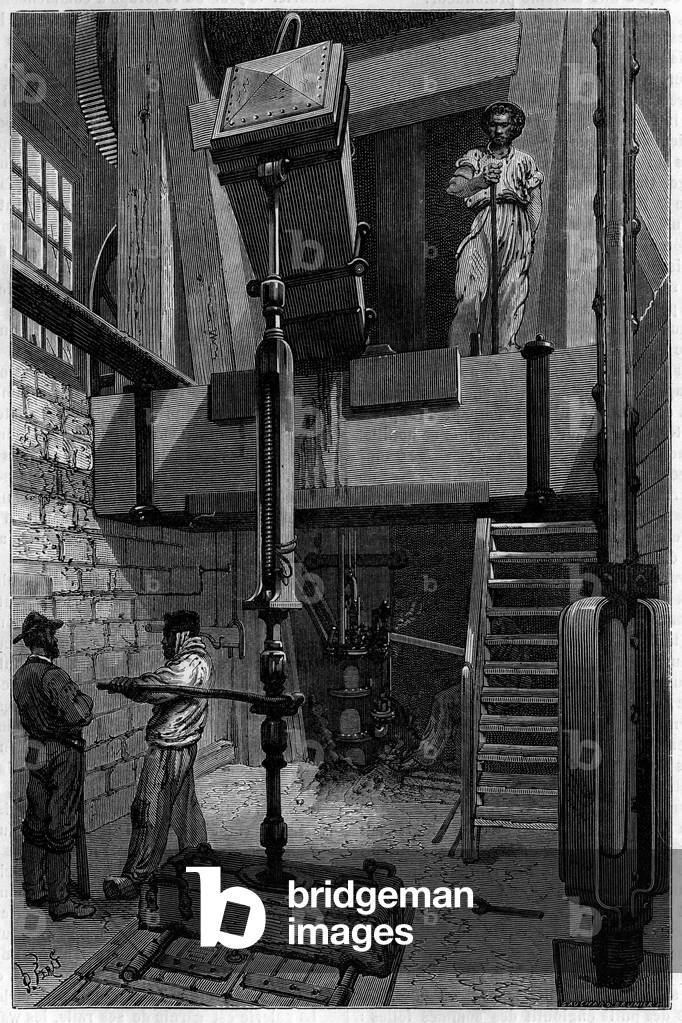 Installation of a drill to discover a coal deposit. Engraving in “Le journal de la jeunesse””, 1885.