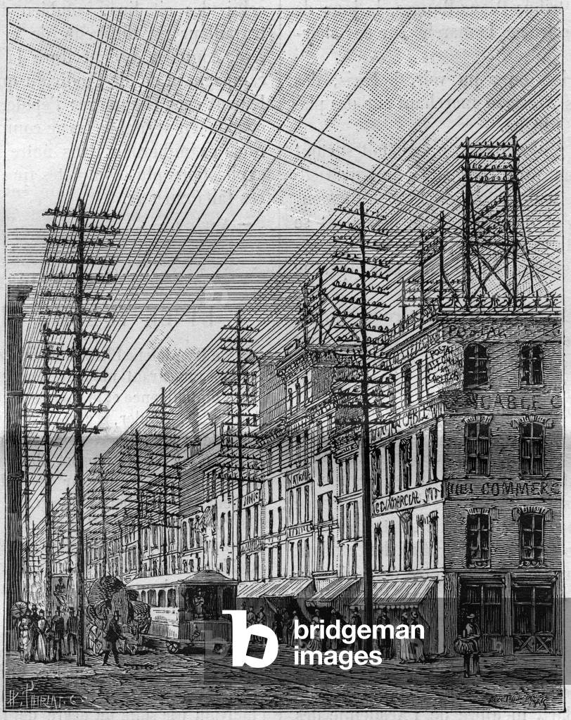 Air electric wires, in Philadelphia (USA), 1886 (engraving)
