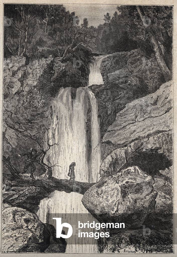 The Linklater waterfall - 19th century illustration for the historical novel “The Puritans of Scotland” (Old Mortality) by Walter Scott (1771-1832)