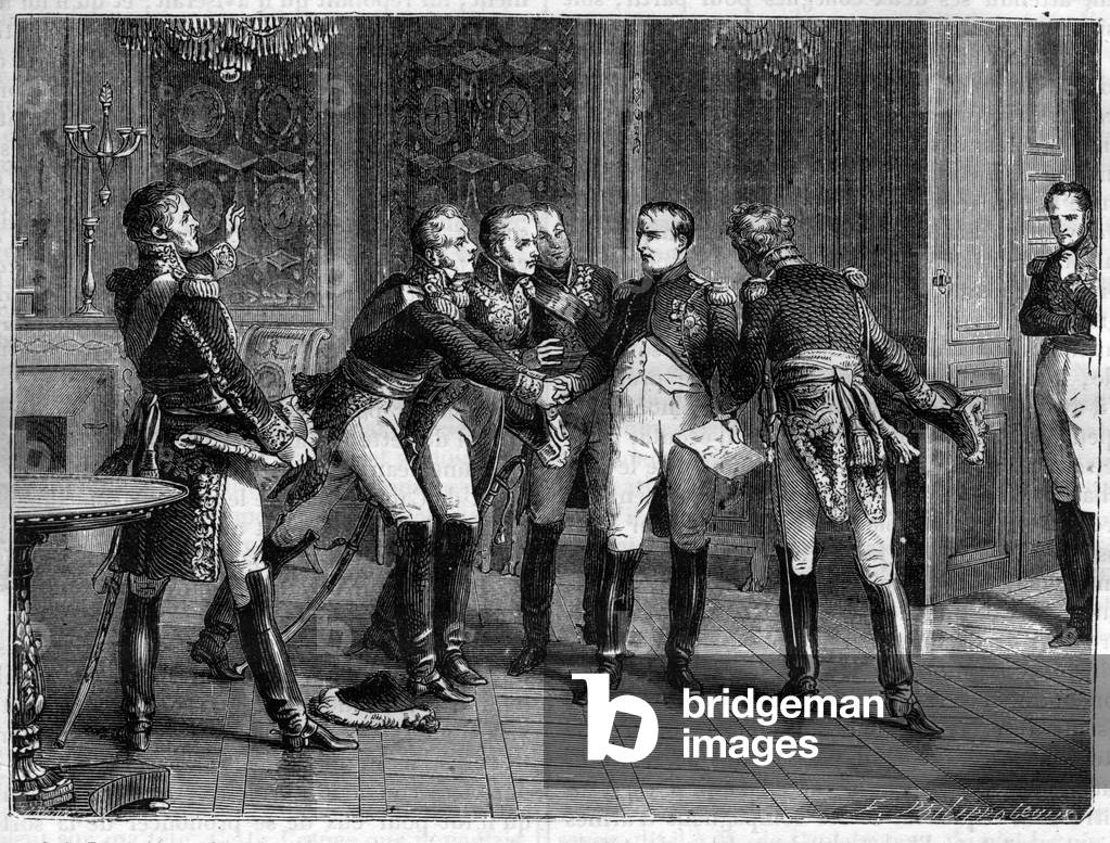 Napoleon tells his Marshals about his decision to abdicate, 6th April 1814 - Napoleon I announces his abdication to the marechals on 6 April 1814 - in “Histoire de l'empire faisant suite à l'histoire du consulate”” by Adolphe Thiers - 1879 - private collection