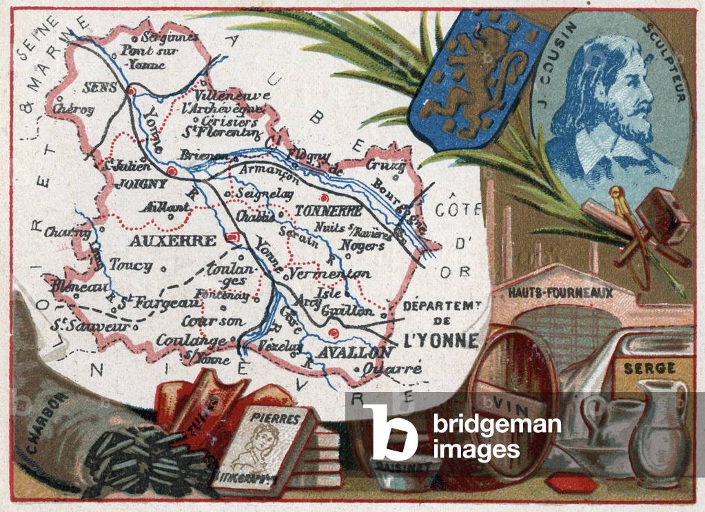L'Yonne, Burgundy, France. Charcoal, Tiles, Lithographic Stones, Grape, Wine, High Furnaces and Portrait of Jean Cousin the Elder Serie on the French Departments, c.1920