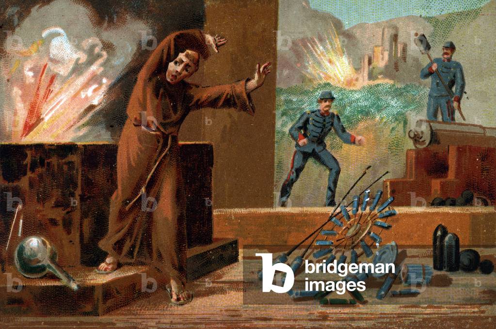 Berthold Schwartz (circa 1318-circa 1384), German chemist, inventor of gunpowder and Franciscan monk. Chromolithography of the 19th century