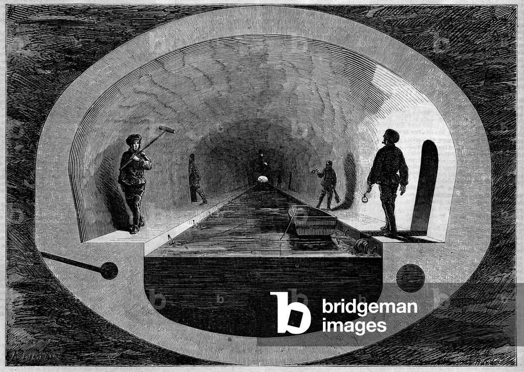 Transformations of Paris under the Second Empire, Haussmann Paris. Construction of the Sewer Sewer, 1858: cross section of the tunnel once completed. Engraving in “” Le Monde Illustré”” n°43 of 6 February 1858.